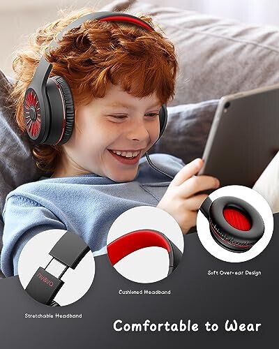 NIVAVA Wired Headphones with Microphone, K16 On-Ear Headphones for Kids with 3.5MM Jack, Foldable Stereo Bass Headset for Teens SchoolModazoneKindle, Chromebook, Tablet(Black Red) - 4