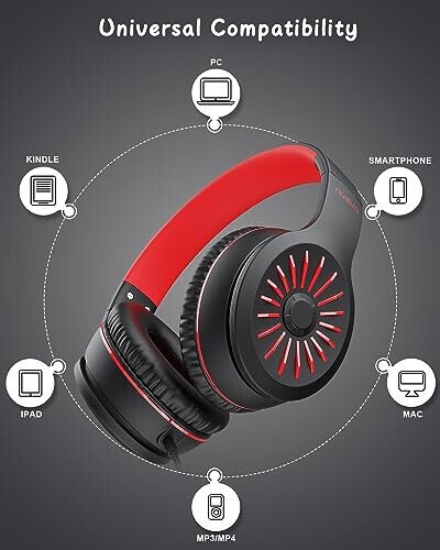 NIVAVA Wired Headphones with Microphone, K16 On-Ear Headphones for Kids with 3.5MM Jack, Foldable Stereo Bass Headset for Teens SchoolModazoneKindle, Chromebook, Tablet(Black Red) - 5