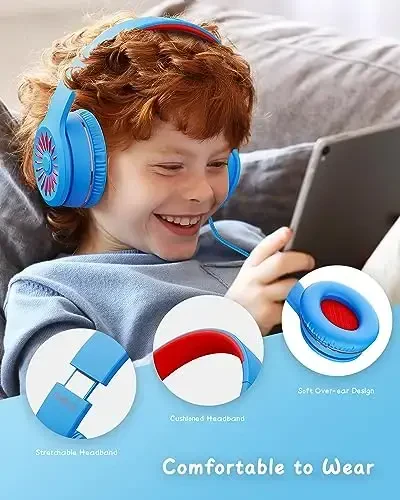 NIVAVA Wired Headphones with Microphone, K16 On-Ear Headphones for Kids with 3.5MM Jack, Foldable Stereo Bass Headphones for Teens SchoolModazoneKindle, Fire, Chromebook, Tablet(Light Blue Red) - 4