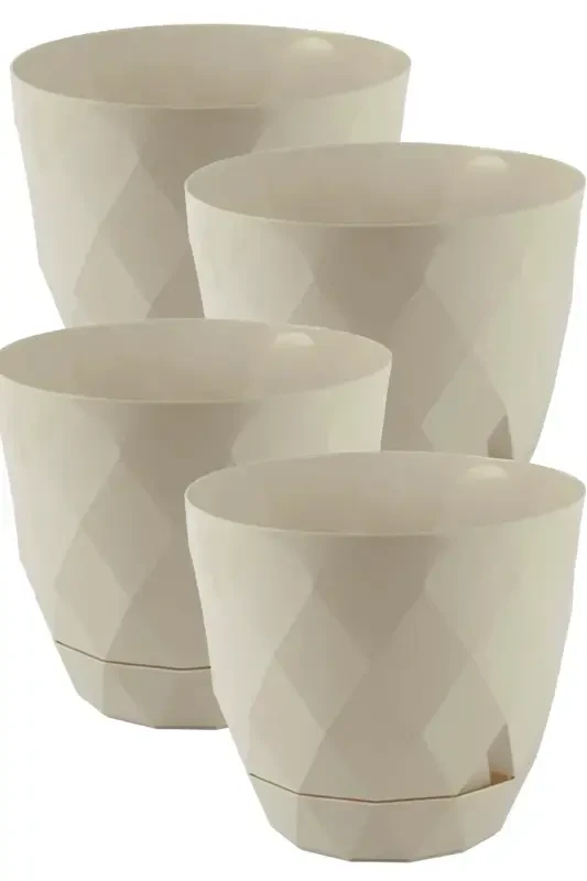 No 3 Büyük Boy 4 Adet Baklava Desenli Tabaklı Plastik Saksı Yakamoz 2,4 Lt-Bej - 1