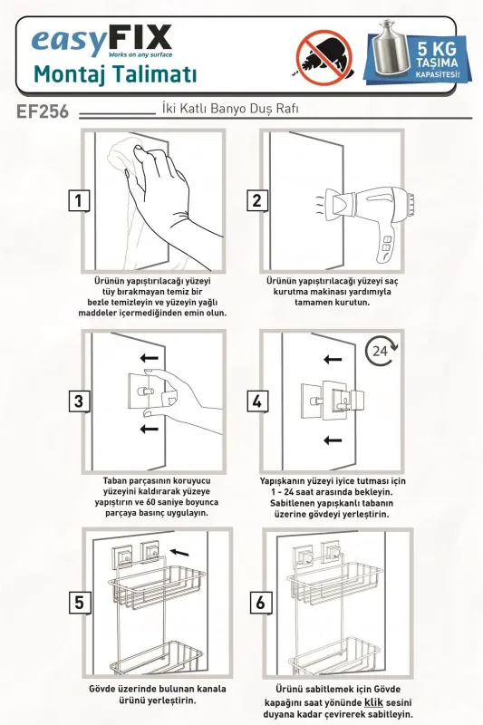 No Drill Screw Drill Needed! Easyfix Adhesive Double Layer Bathroom Shelf Matte Ef256 - 5