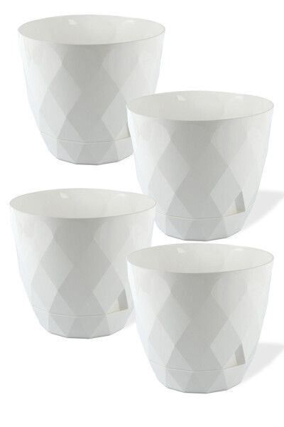 No3 4 Adet 2,4 Litre Beyaz Renkli 17,5cm Baklava Desenli Kendinden Tabaklı Plastik Çiçek Saksısı-BEYAZ - TEMMUZ HOME