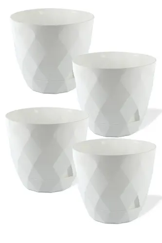 No3 4 Adet 2,4 Litre Beyaz Renkli 17,5cm Baklava Desenli Kendinden Tabaklı Plastik Çiçek Saksısı(İlan Saksılar İçindir) - BEYAZ - 4