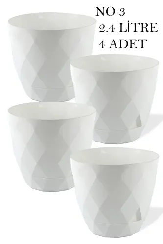 No3 4 Pack 2.4 Liter White 17.5cm Baklava Patterned Self-Saucered Plastic Flower Pot 