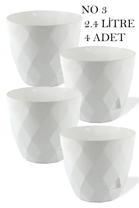 No3 4 Pack 2.4 Liter White 17.5cm Baklava Patterned Self-Saucered Plastic Flower Pot - 1