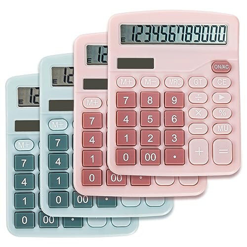 Noamus 4 Pack Handheld Desktop Calculators, Solar Battery Dual Power Basic Calculator 12 Digit Large Display, Standard Functional Desk Calculator Big Sensitive Button for Office Home School Pink Blue - 1