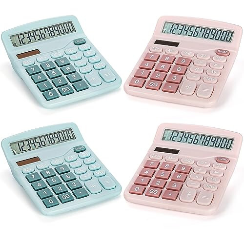 Noamus 4 Pack Handheld Desktop Calculators, Solar Battery Dual Power Basic Calculator 12 Digit Large Display, Standard Functional Desk Calculator Big Sensitive Button for Office Home School Pink Blue - 7