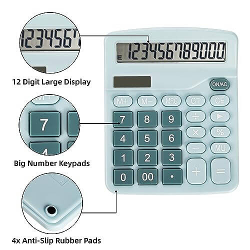 Noamus 4'lü El Tipi Masaüstü Hesap Makineleri, Güneş Enerjili Pil Çift Güçlü Temel Hesap Makinesi 12 Basamaklı Büyük Ekran, Standart Fonksiyonlu Masa Hesap Makinesi Büyük Hassas Düğme Ofis Ev Okul Pembe Mavi - 3