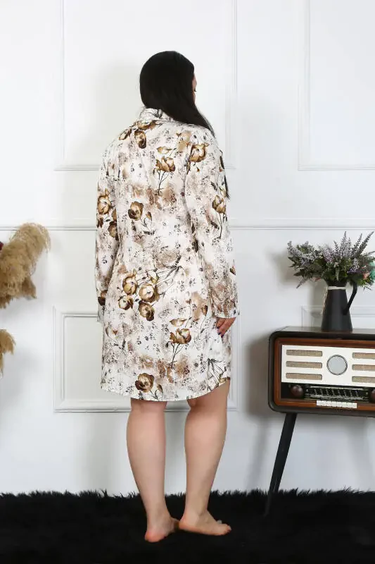 Ночная сорочка туника с длинным рукавом Akbeniz женская, большого размера, из хлопка, застёгивается на пуговицы, кремового цвета, 12205 - 4