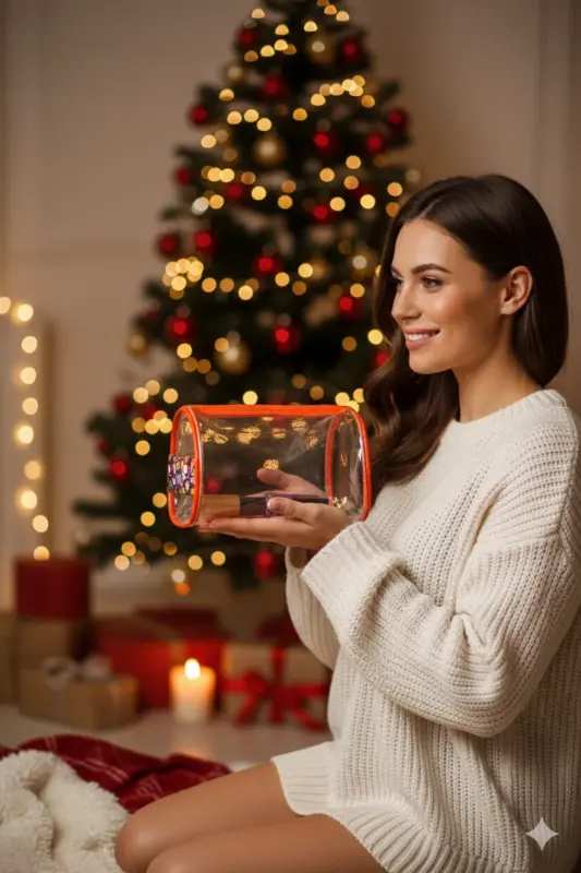 Noel, Yılbaşı Konseptli Büyük Boy Turuncu Şeffaf Tatil, Plaj, Kozmetik ,makyaj Ve Bakım Çantası-Metalik - ROF BAG