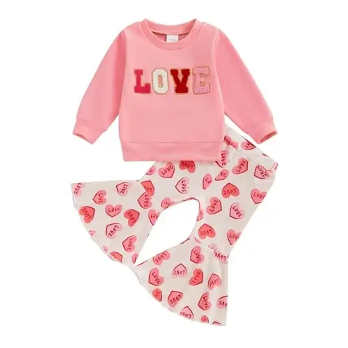 Nokpsedcb Baby Boy Girl Cute Letter Embroidery Long Sleeve Sweatshirt and Elastic Long Pants Toddler Valentine Outfits - 1