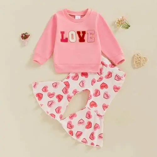 Nokpsedcb Baby Boy Girl Cute Letter Embroidery Long Sleeve Sweatshirt and Elastic Long Pants Toddler Valentine Outfits - 2
