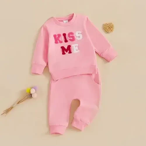 Nokpsedcb Baby Boy Girl Cute Letter Embroidery Long Sleeve Sweatshirt and Elastic Long Pants Toddler Valentine Outfits - 3