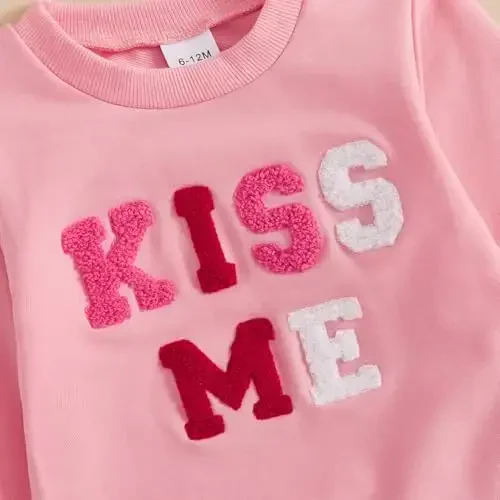 Nokpsedcb Baby Boy Girl Cute Letter Embroidery Long Sleeve Sweatshirt and Elastic Long Pants Toddler Valentine Outfits - 5