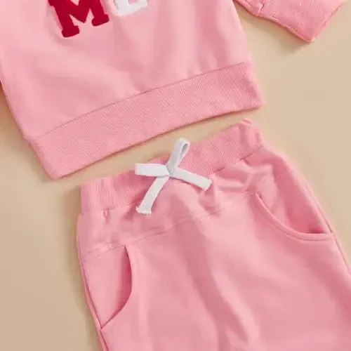 Nokpsedcb Baby Boy Girl Cute Letter Embroidery Long Sleeve Sweatshirt and Elastic Long Pants Toddler Valentine Outfits - 6