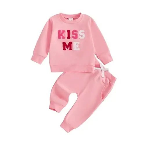 Nokpsedcb Baby Boy Girl Cute Letter Embroidery Long Sleeve Sweatshirt and Elastic Long Pants Toddler Valentine Outfits - 1