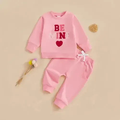 Nokpsedcb Baby Boy Girl Cute Letter Embroidery Long Sleeve Sweatshirt and Elastic Long Pants Toddler Valentine Outfits - 2