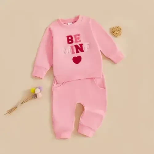 Nokpsedcb Baby Boy Girl Cute Letter Embroidery Long Sleeve Sweatshirt and Elastic Long Pants Toddler Valentine Outfits - 3