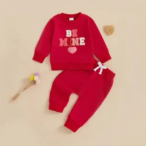 Nokpsedcb Baby Boy Girl Cute Letter Embroidery Long Sleeve Sweatshirt and Elastic Long Pants Toddler Valentine Outfits - NOKPSEDCB (1)