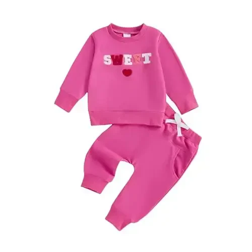Nokpsedcb Baby Boy Girl Cute Letter Embroidery Long Sleeve Sweatshirt and Elastic Long Pants Toddler Valentine Outfits - 1