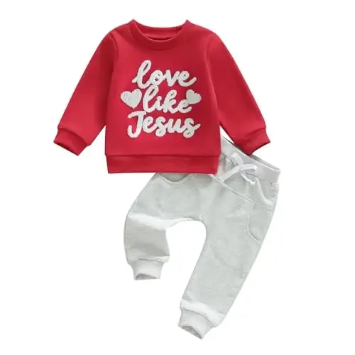 Nokpsedcb Baby Boy Girl Cute Letter Embroidery Long Sleeve Sweatshirt and Elastic Long Pants Toddler Valentine Outfits - 1