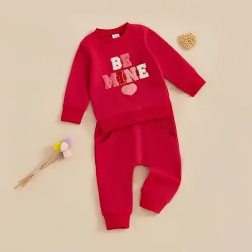 Nokpsedcb Baby Boy Girl Cute Letter Embroidery Long Sleeve Sweatshirt and Elastic Long Pants Toddler Valentine Outfits - 3