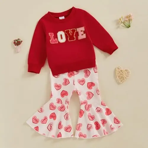 Nokpsedcb Baby Boy Girl Cute Letter Embroidery Long Sleeve Sweatshirt and Elastic Long Pants Toddler Valentine Outfits - 3
