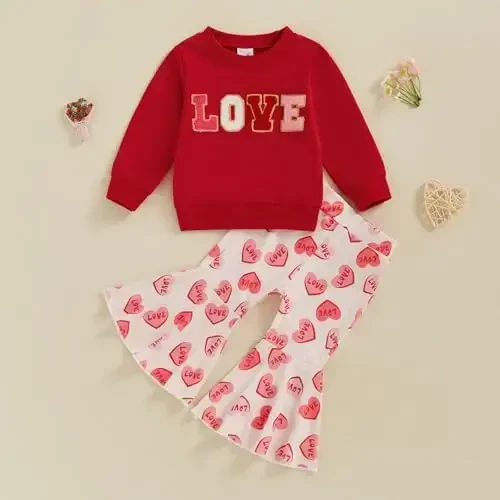Nokpsedcb Baby Boy Girl Cute Letter Embroidery Long Sleeve Sweatshirt and Elastic Long Pants Toddler Valentine Outfits - NOKPSEDCB (1)
