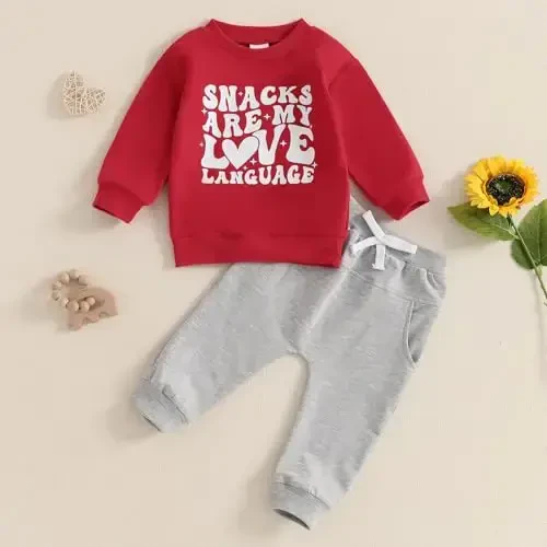 Nokpsedcb Baby Boy Girl Cute Letter Embroidery Long Sleeve Sweatshirt and Elastic Long Pants Toddler Valentine Outfits - NOKPSEDCB (1)