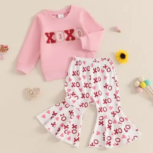 Nokpsedcb Baby Boy Girl Cute Letter Embroidery Long Sleeve Sweatshirt and Elastic Long Pants Toddler Valentine Outfits - 3