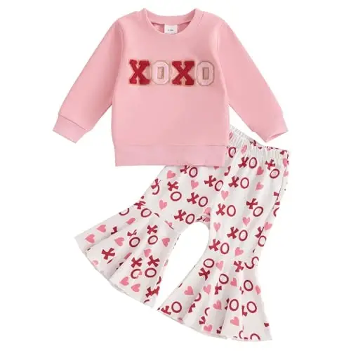 Nokpsedcb Baby Boy Girl Cute Letter Embroidery Long Sleeve Sweatshirt and Elastic Long Pants Toddler Valentine Outfits - 1