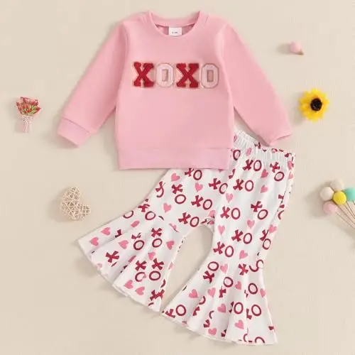 Nokpsedcb Baby Boy Girl Cute Letter Embroidery Long Sleeve Sweatshirt and Elastic Long Pants Toddler Valentine Outfits - 2