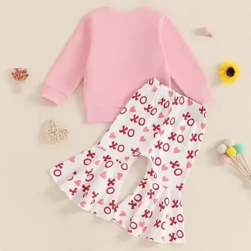Nokpsedcb Baby Boy Girl Cute Letter Embroidery Long Sleeve Sweatshirt and Elastic Long Pants Toddler Valentine Outfits - 4