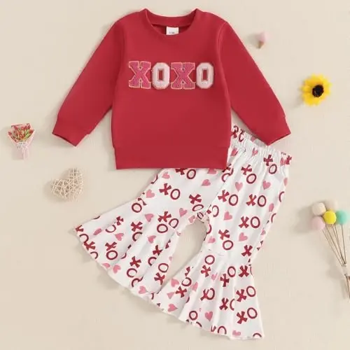 Nokpsedcb Baby Boy Girl Cute Letter Embroidery Long Sleeve Sweatshirt and Elastic Long Pants Toddler Valentine Outfits - 2