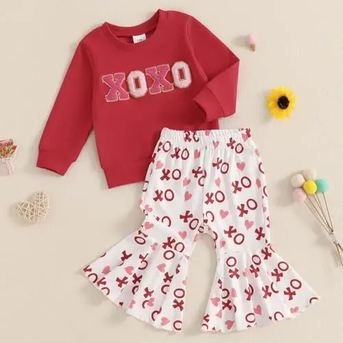 Nokpsedcb Baby Boy Girl Cute Letter Embroidery Long Sleeve Sweatshirt and Elastic Long Pants Toddler Valentine Outfits - 3