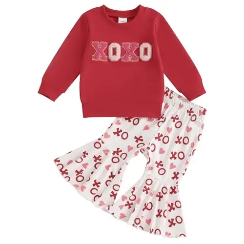 Nokpsedcb Baby Boy Girl Cute Letter Embroidery Long Sleeve Sweatshirt and Elastic Long Pants Toddler Valentine Outfits - 1