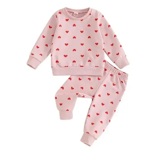 Nokpsedcb Baby Boy Girl Cute Letter Embroidery Long Sleeve Sweatshirt and Elastic Long Pants Toddler Valentine Outfits - 1