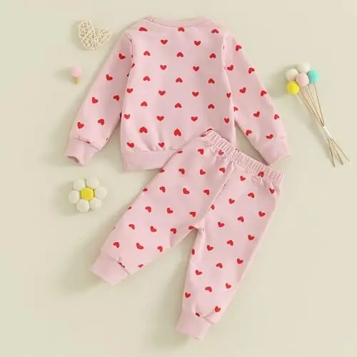 Nokpsedcb Baby Boy Girl Cute Letter Embroidery Long Sleeve Sweatshirt and Elastic Long Pants Toddler Valentine Outfits - 5