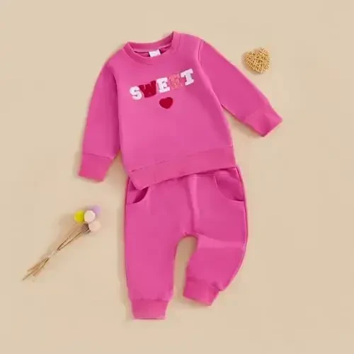 Nokpsedcb Baby Boy Girl Cute Letter Embroidery Long Sleeve Sweatshirt and Elastic Long Pants Toddler Valentine Outfits - 3