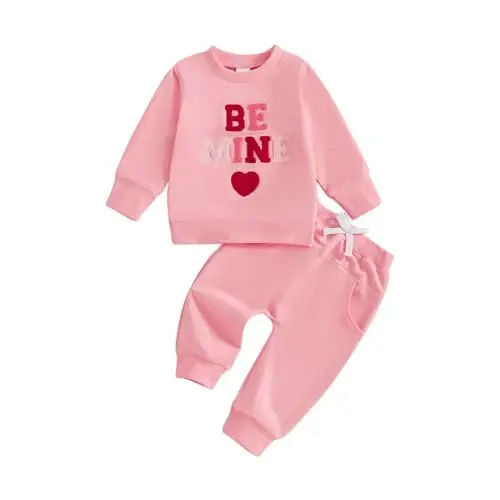 Nokpsedcb Baby Boy Girl Cute Letter Embroidery Long Sleeve Sweatshirt and Elastic Long Pants Toddler Valentine Outfits - 1