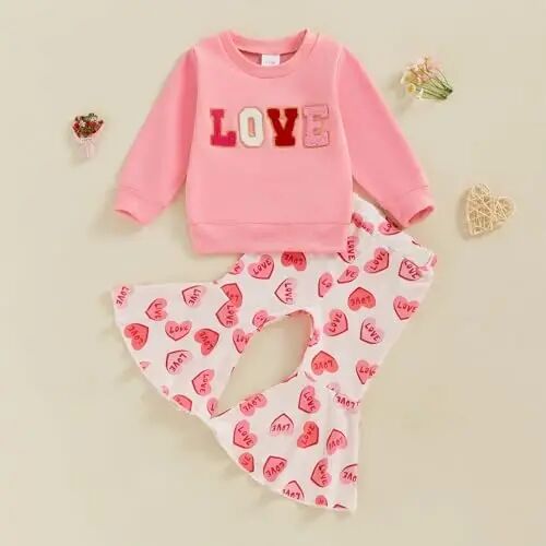 Nokpsedcb Baby Boy Girl Cute Letter Embroidery Long Sleeve Sweatshirt and Elastic Long Pants Toddler Valentine Outfits - 2