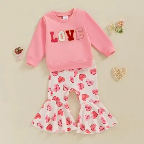 Nokpsedcb Baby Boy Girl Cute Letter Embroidery Long Sleeve Sweatshirt and Elastic Long Pants Toddler Valentine Outfits - 3