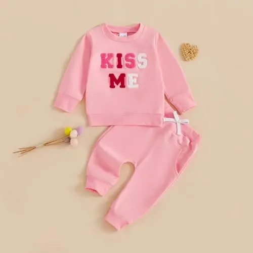 Nokpsedcb Baby Boy Girl Cute Letter Embroidery Long Sleeve Sweatshirt and Elastic Long Pants Toddler Valentine Outfits - 2