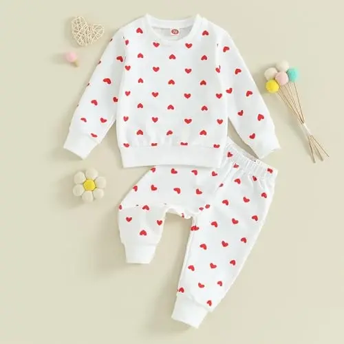 Nokpsedcb Baby Boy Girl Cute Letter Embroidery Long Sleeve Sweatshirt and Elastic Long Pants Toddler Valentine Outfits - 3