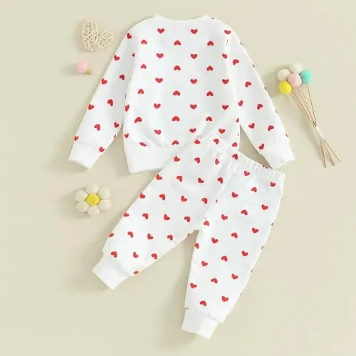 Nokpsedcb Baby Boy Girl Cute Letter Embroidery Long Sleeve Sweatshirt and Elastic Long Pants Toddler Valentine Outfits - 5