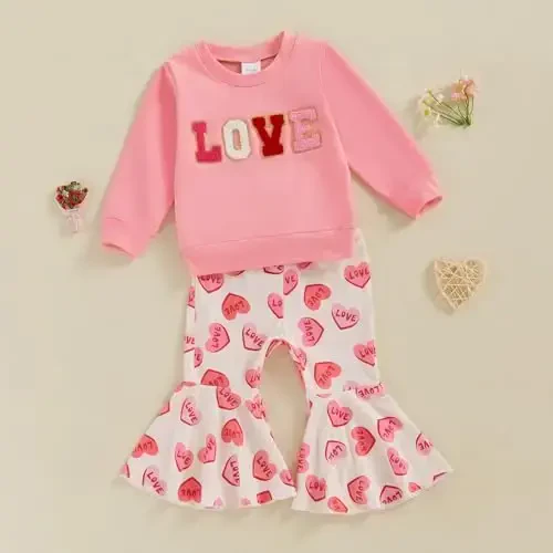 Nokpsedcb Baby Boy Girl Cute Letter Embroidery Long Sleeve Sweatshirt and Elastic Long Pants Toddler Valentine Outfits - 3