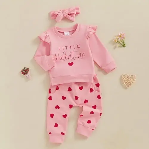 Nokpsedcb Baby Boy Girl Cute Letter Embroidery Long Sleeve Sweatshirt and Elastic Long Pants Toddler Valentine Outfits - 3