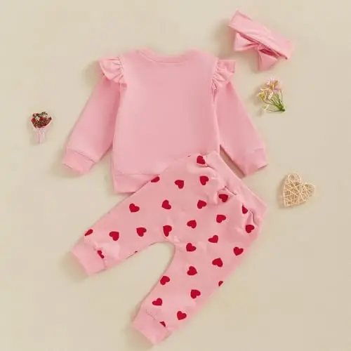 Nokpsedcb Baby Boy Girl Cute Letter Embroidery Long Sleeve Sweatshirt and Elastic Long Pants Toddler Valentine Outfits - 4