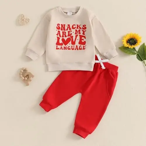 Nokpsedcb Baby Boy Girl Cute Letter Embroidery Long Sleeve Sweatshirt and Elastic Long Pants Toddler Valentine Outfits - 2