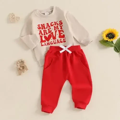 Nokpsedcb Baby Boy Girl Cute Letter Embroidery Long Sleeve Sweatshirt and Elastic Long Pants Toddler Valentine Outfits - 3